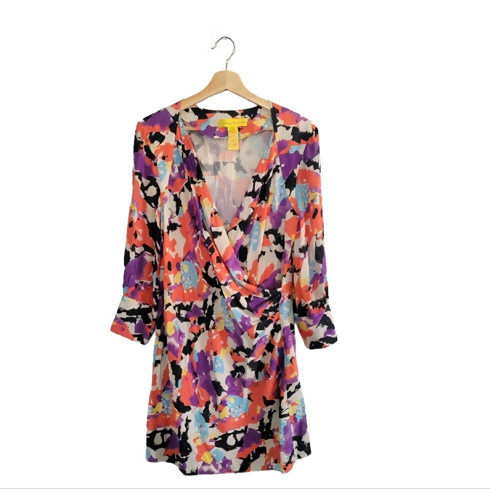 CATHERINE MALANDRINO Size 6 93% Silk Abstract Print Faux Wrap  Dress Lightweight